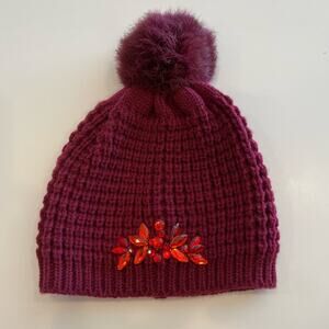 Burgundy Knit Beanie with Red Rhinestones & Faux Fur Poof